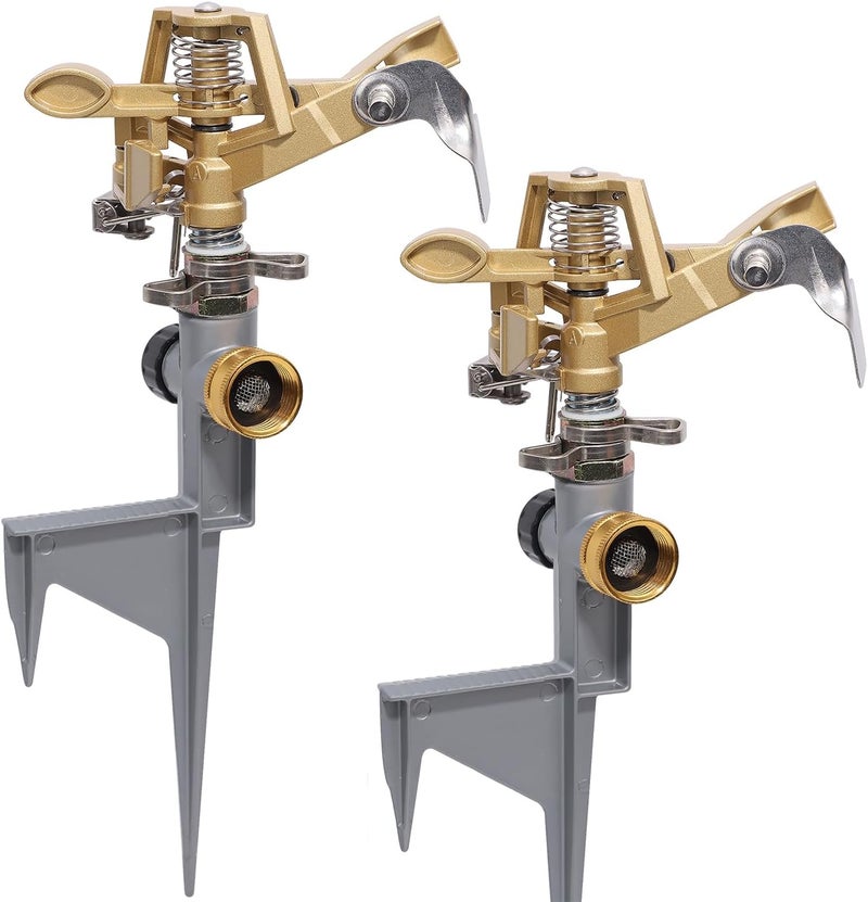Biswing 2 Pack Impact Sprinkler Head on Metal Step Spike, Heavy Duty Zinc Alloy Lawn Sprinkler, Adjustable Coverage Nozzle on Sturdy Spike Base, 360 Degree Large Area Irrigation - Image 1